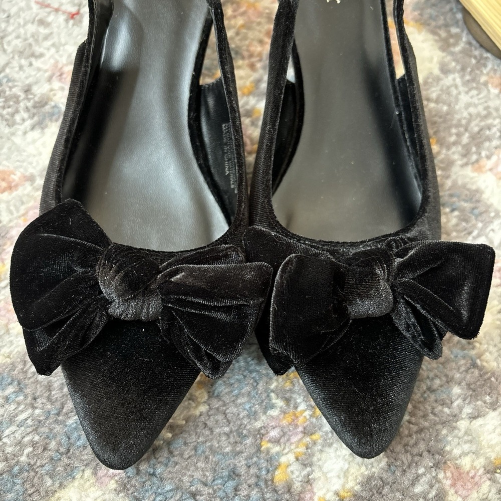 Sophia Taylor Velvet Slingback Bow Pointed Feminine‎ Kitten 8.5 Black Romantic